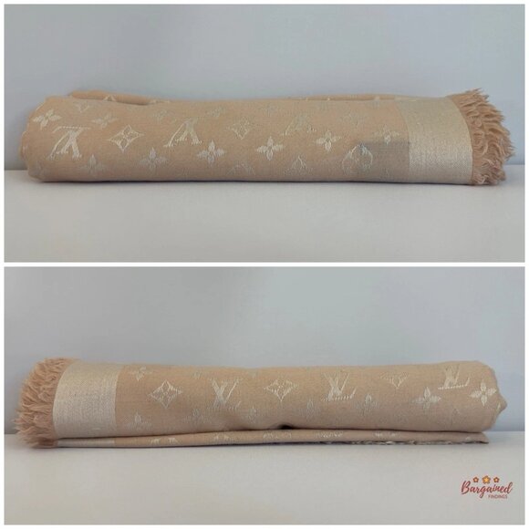Authentic Louis Vuitton Pink/Beige Silk Wool Monogram Shawl Scarf 55x55 - M72046 - Picture 6 of 8